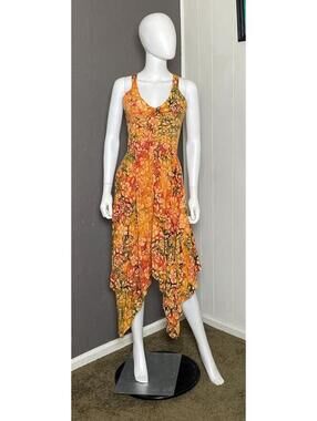 1990's-Y2K  Tropical Sundress Shirred Top Asymmetric Hem from STF size S/M